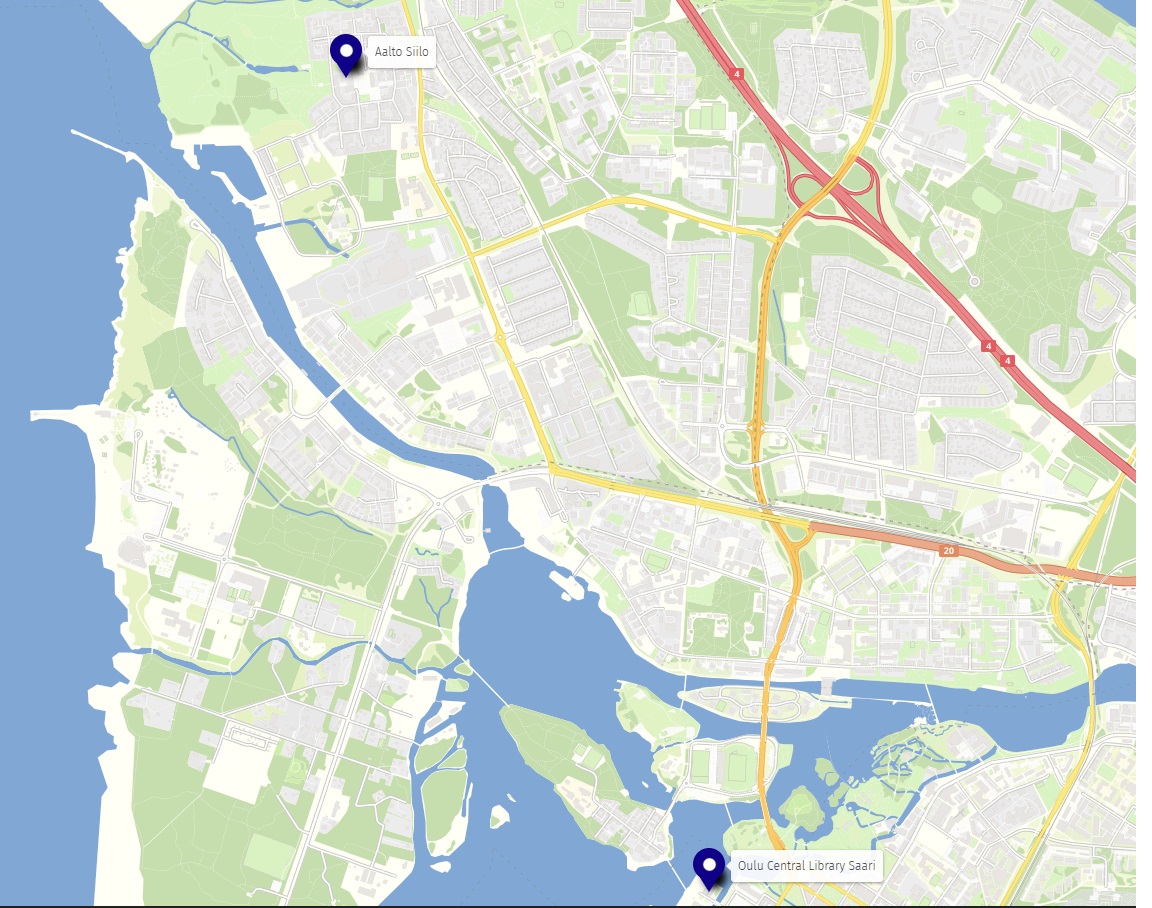 Map of Oulu showing both venues: AaltoSiilo to the north and Central Library Saari to the south.